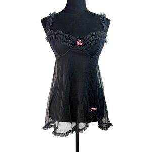 Victoria's Secret Black Pink Ruffle Sheer Babydoll Slip Lingerie Size 36C